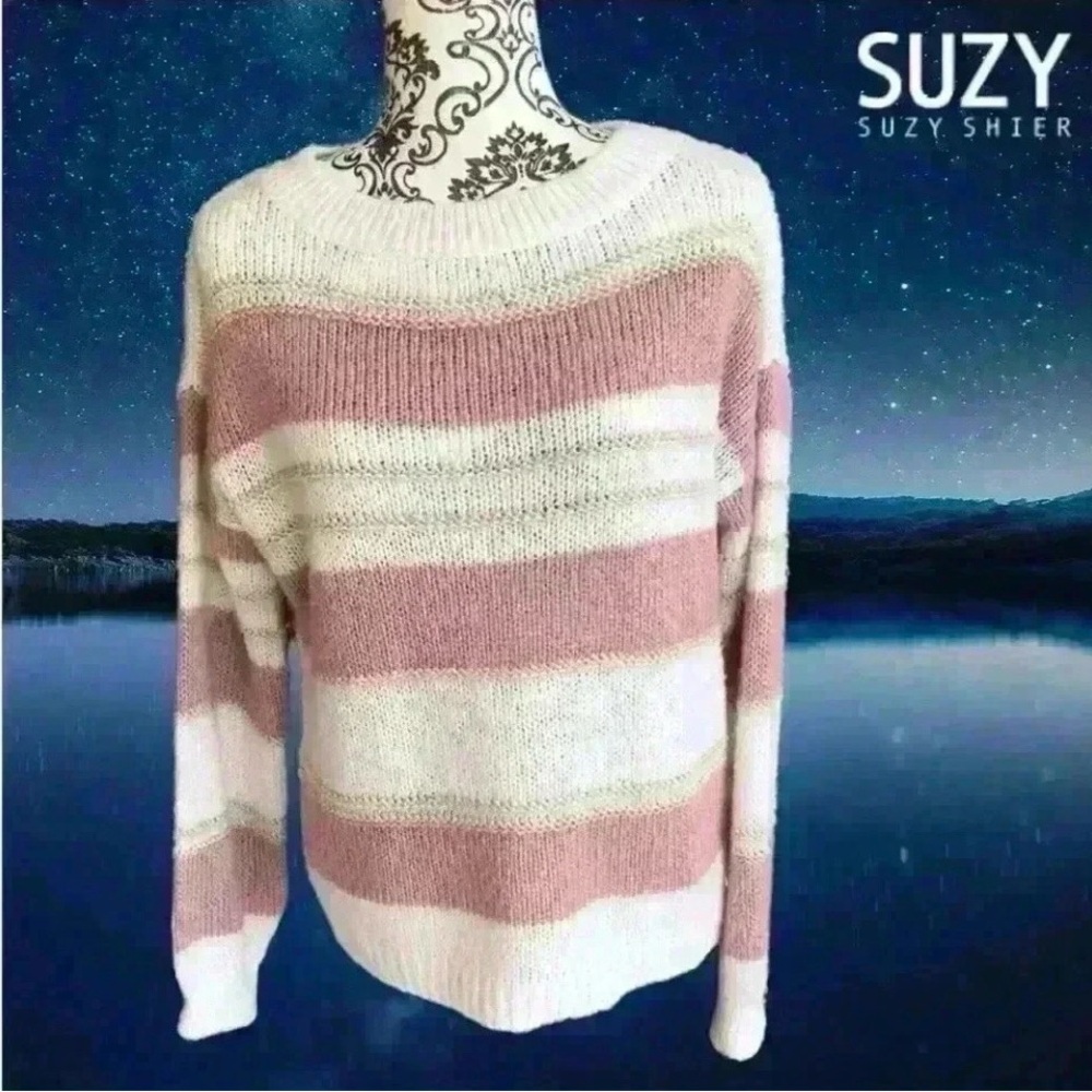 Suzy Shier Pink and White Striped Crew Neck Sweater - Picture 3 of 9